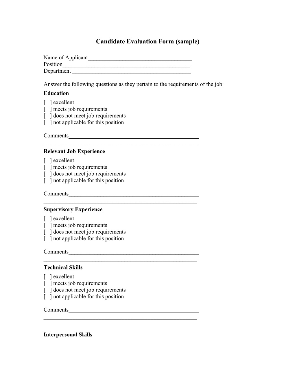 Candidate Evaluation Form (Sample)