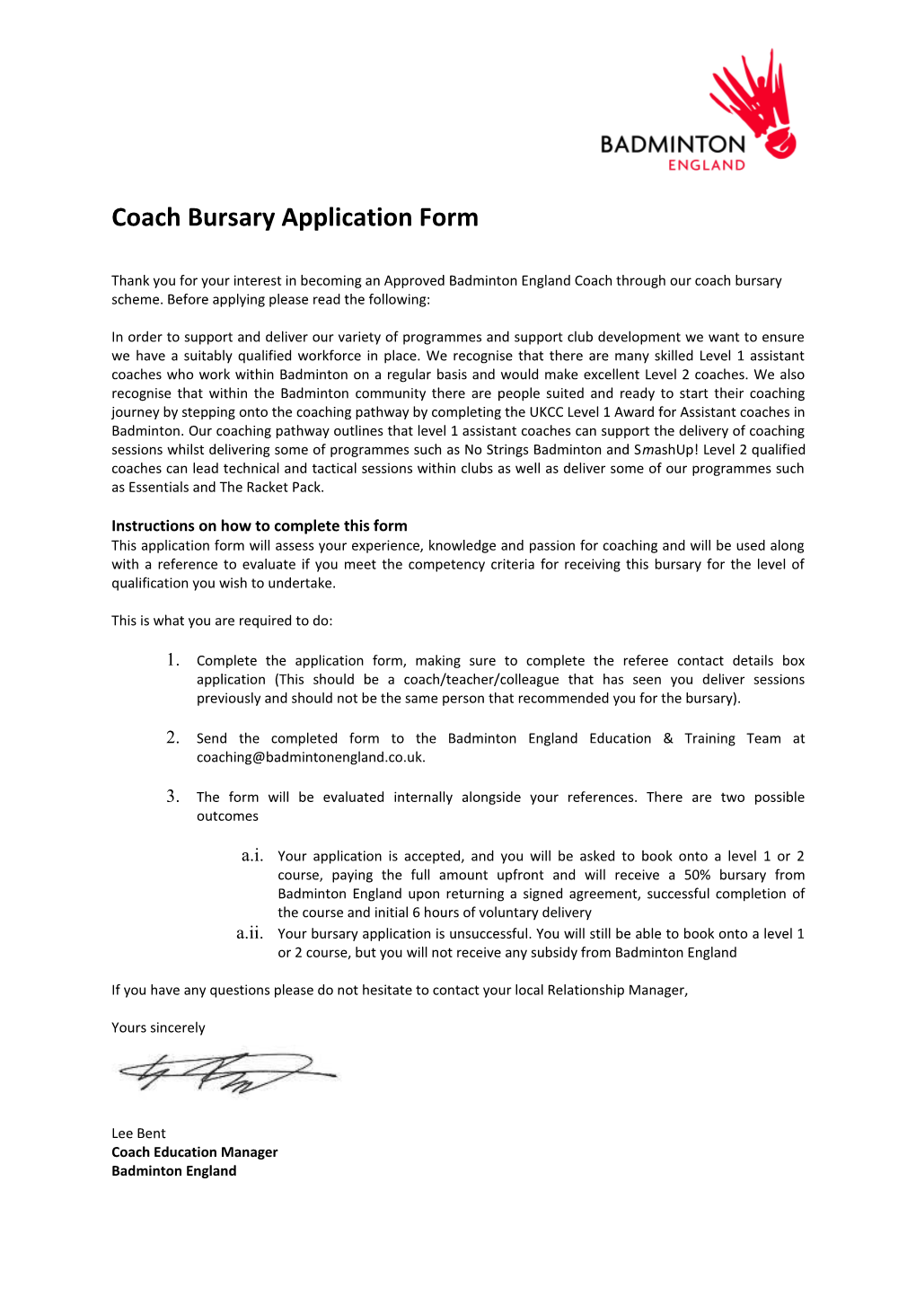 Coach Bursary Application Form