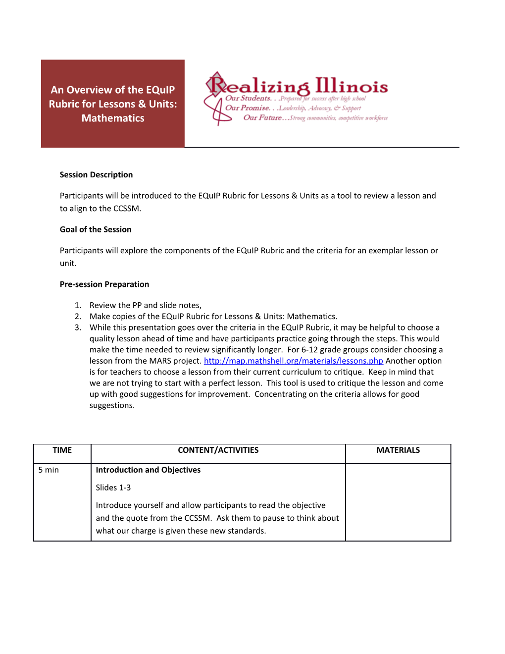 An Overview of the Equip Rubric for Lessons & Units: Mathematics