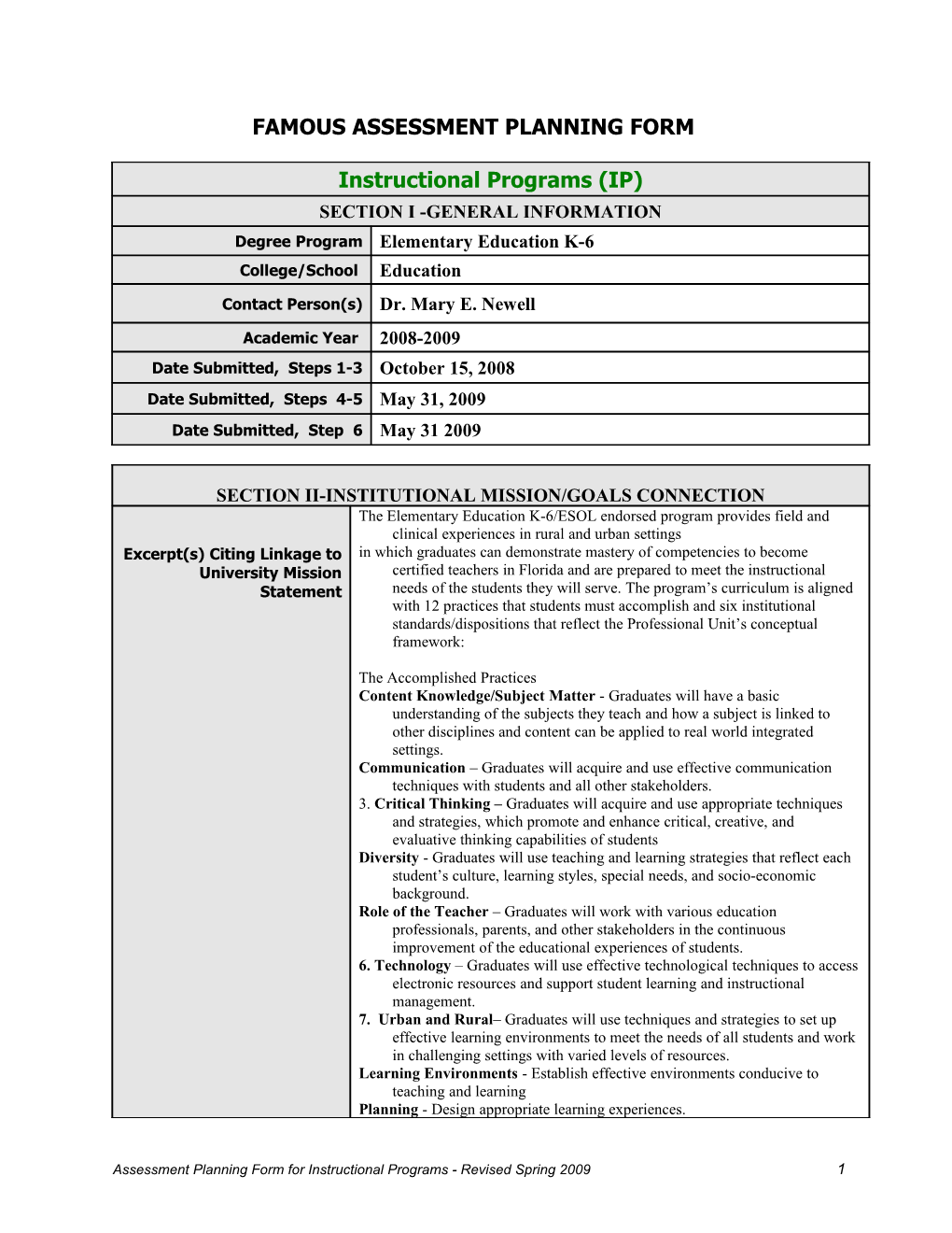 2008-2009 Famous Assessment Planning Form