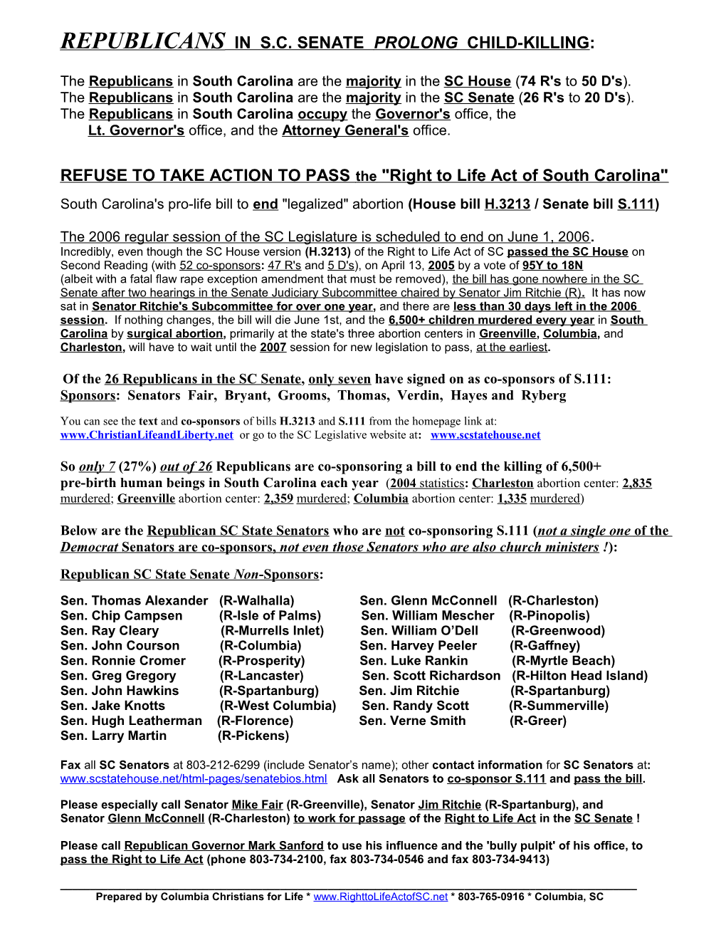 UPDATE on Right to Life Act of South Carolina (H