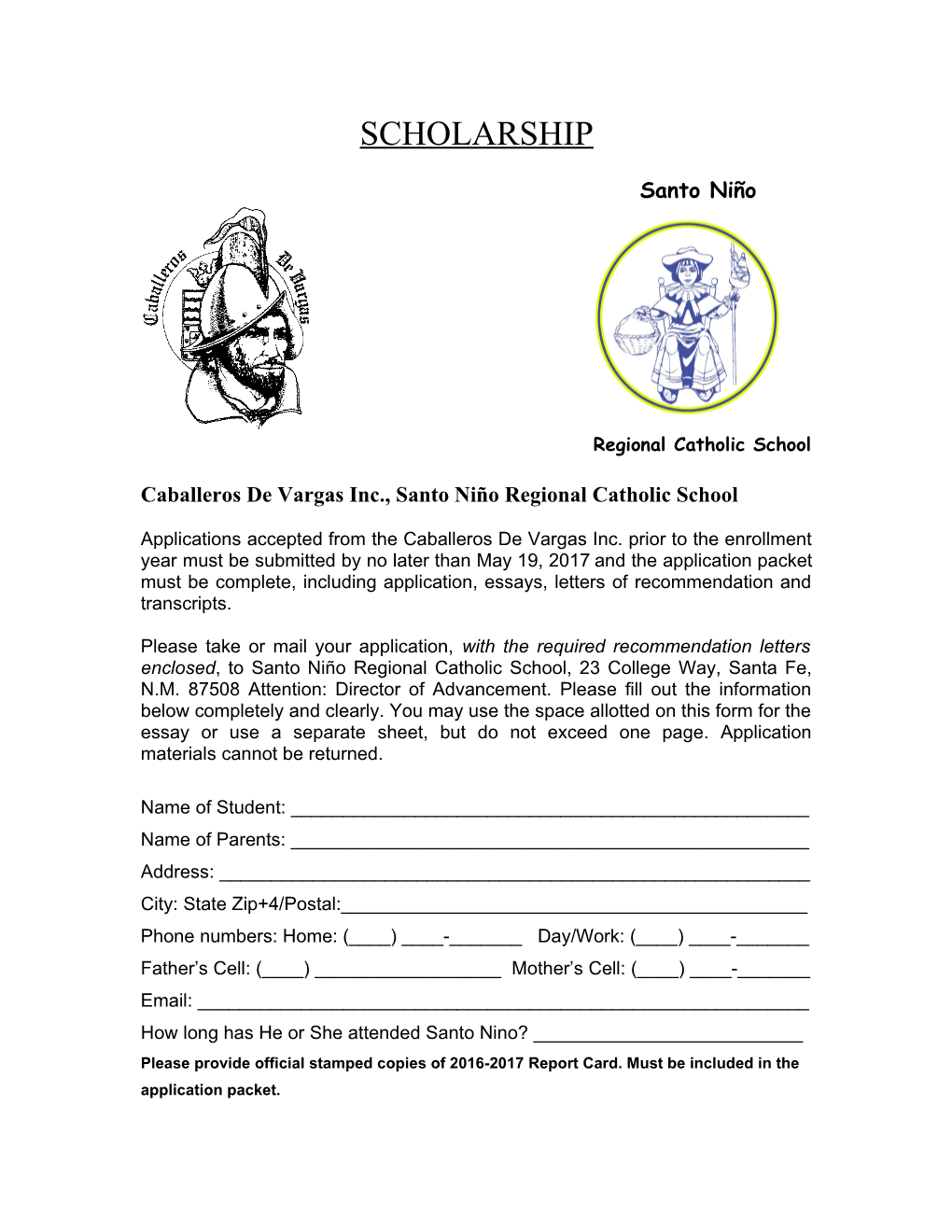 Caballeros De Vargas Santo Nino Regional Catholic School Scholarship, Page 1