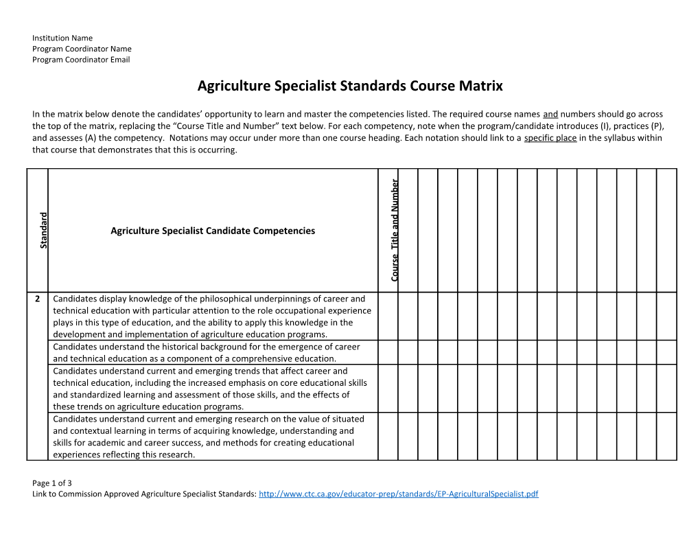 Agriculture Specialist Standards Course Matrix
