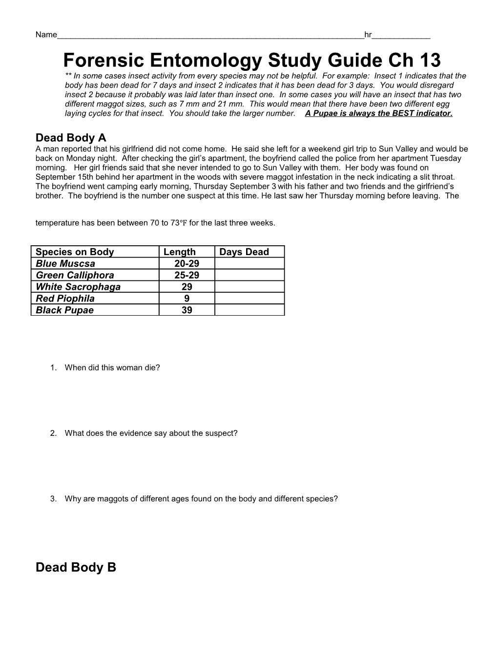 Forensic Entomology Study Guide Ch 13