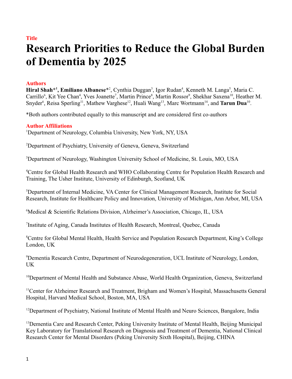 Research Priorities to Reduce the Global Burden of Dementia by 2025