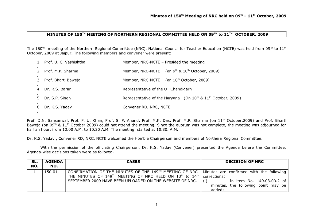 Agenda and Summary of 149Th Meeting of Northern Regional Committee Held on 28Th to 30Th