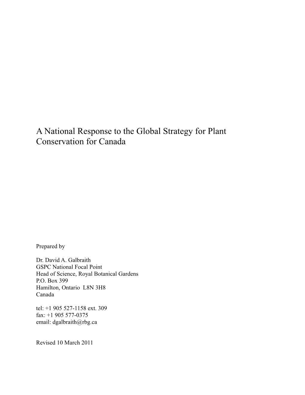 A National Response to the Global Strategy for Plant Conservation for Canada