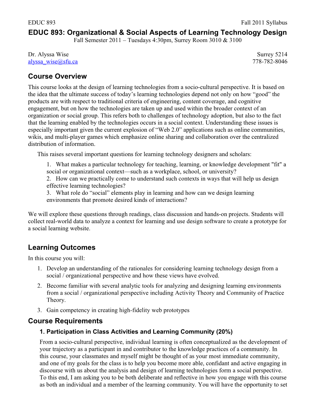 EDUC 893: Organizational & Social Aspects of Learning Technology Design