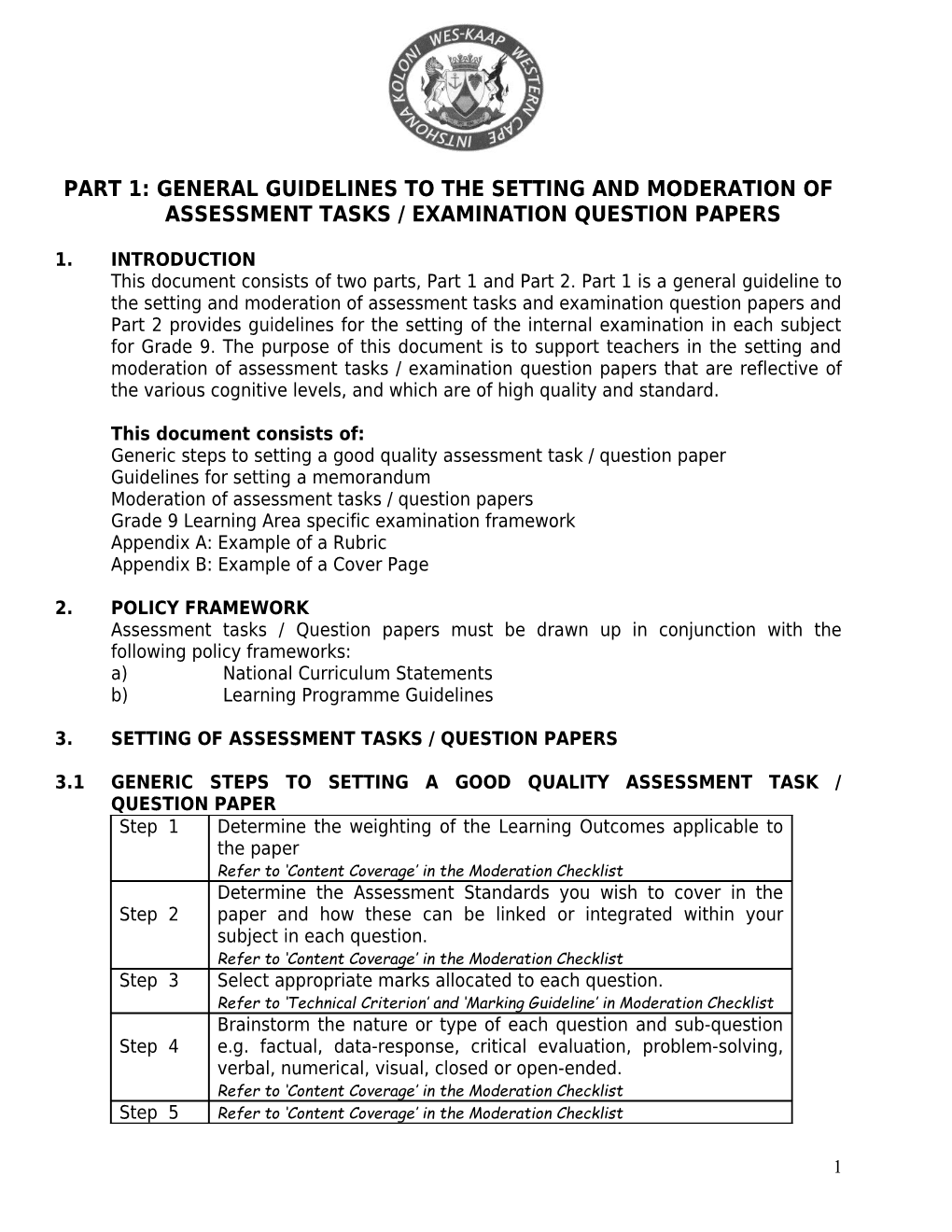 Part 1: General Guidelines to the Setting and Moderation of Assessment Tasks / Examination