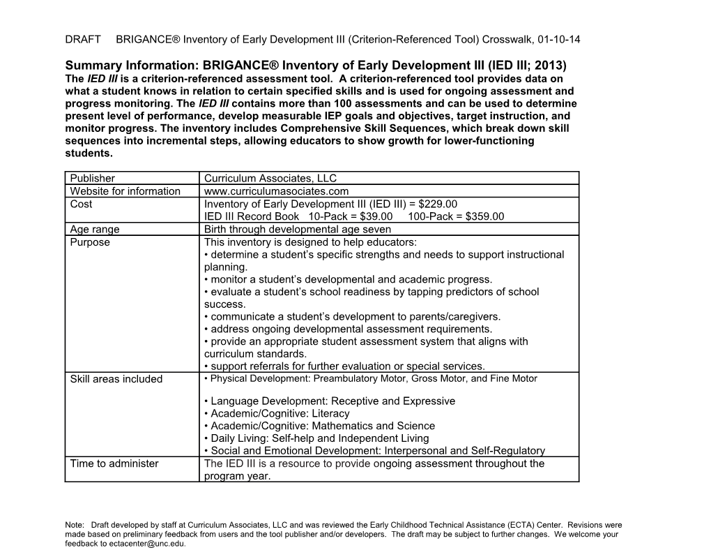 Summary Information: BRIGANCE Inventory of Early Development III (IED III; 2013)