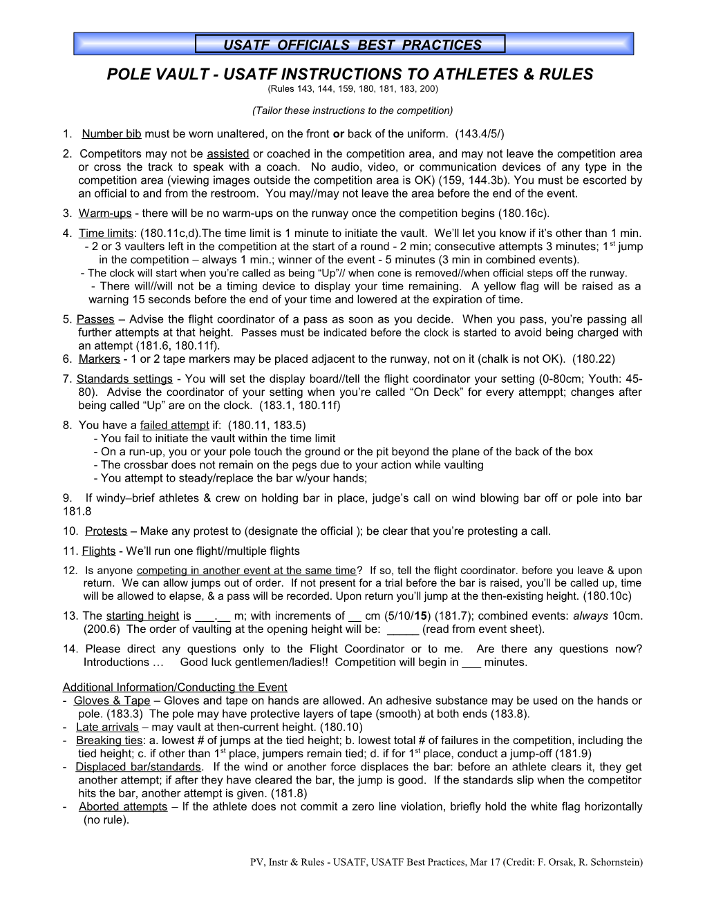 Pole Vault Usatf & Iaaf Instructions & Rules