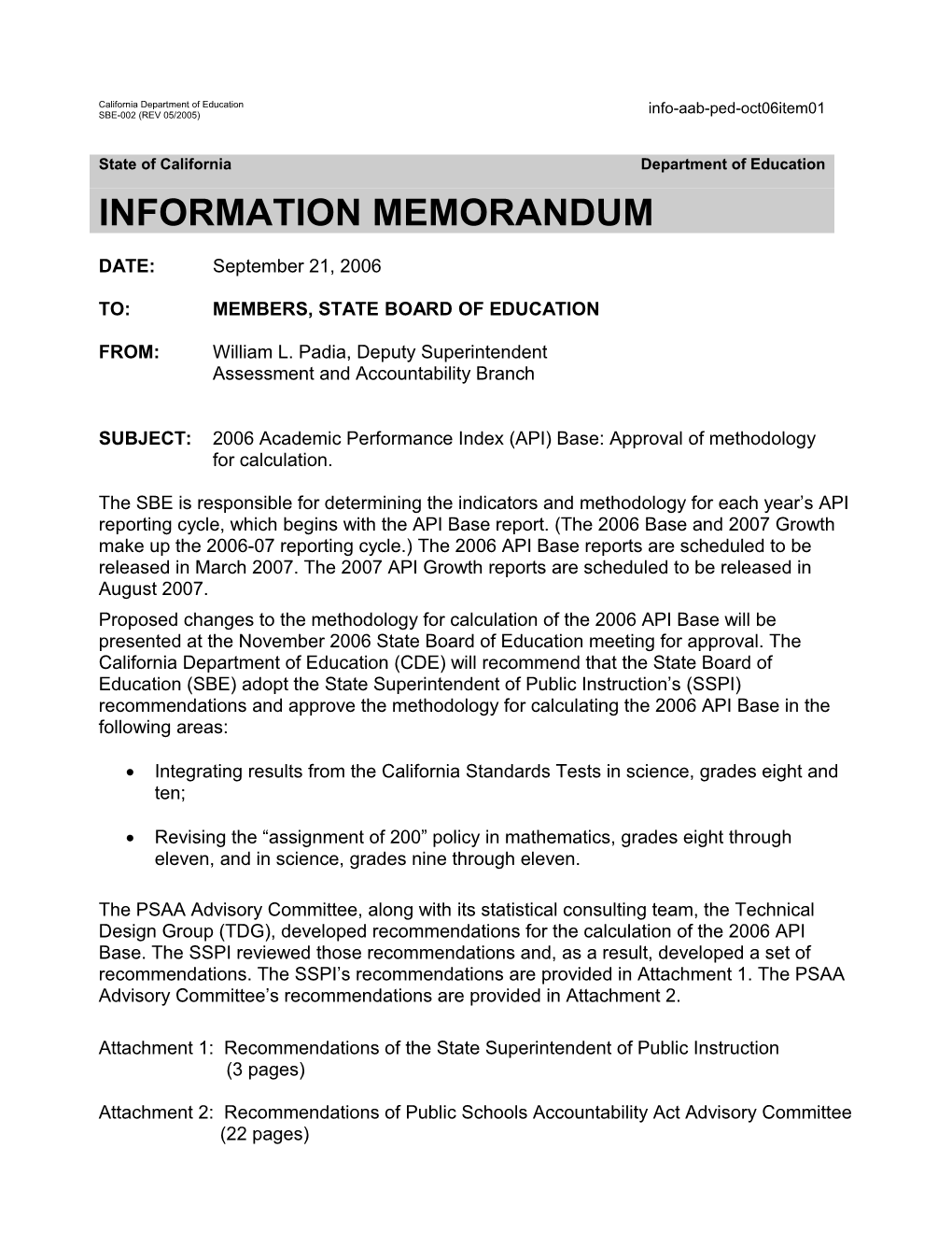October 2006 PED Item 1 - Information Memorandum (CA State Board of Education)