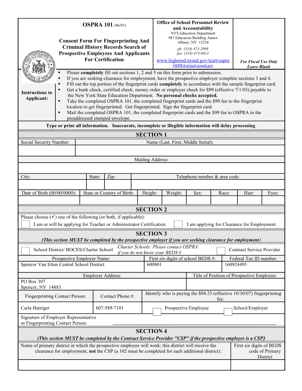 Please Completely Fill out Sections 1, 2 and 5 on This Form Prior to Submission