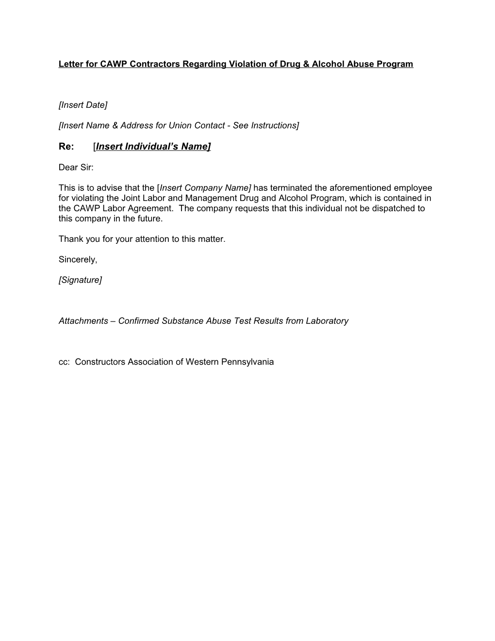 Letter for CAWP Contractors Regarding Violation of Drug & Alcohol Abuse Program