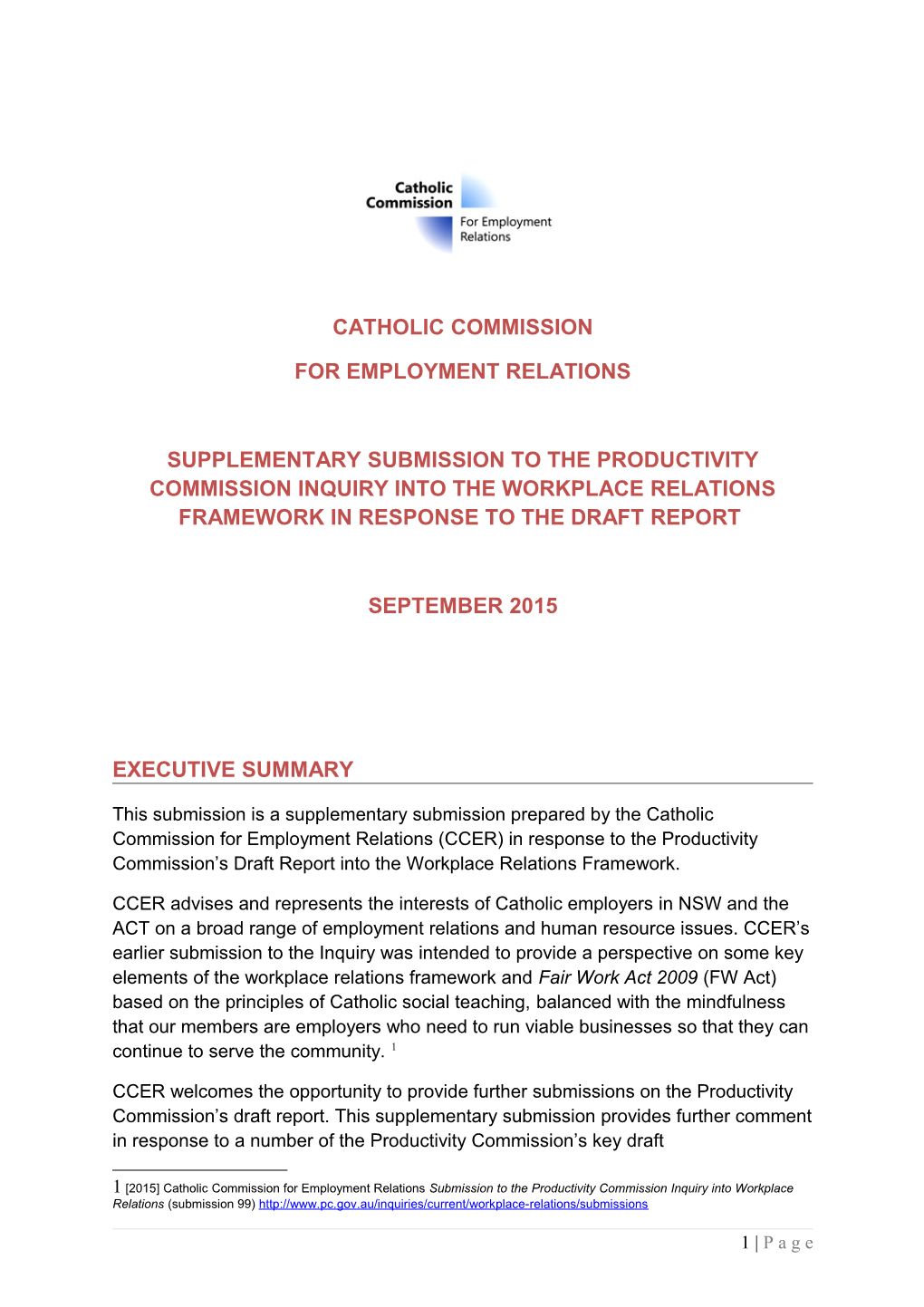 Submission DR289 - Catholic Commission for Employment Relations - Workplace Relations Framework