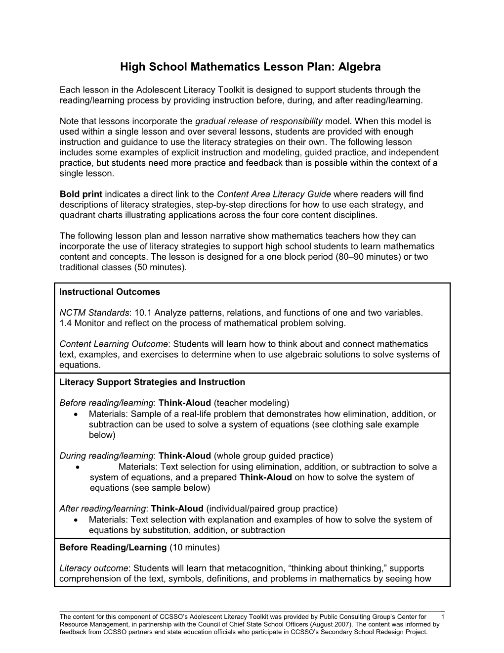 High School Mathematics Lesson Plan: Algebra