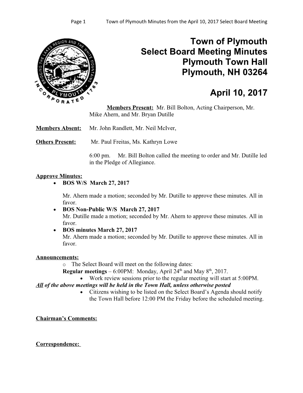 Page 1Town of Plymouth Minutes from Theapril 10, 2017 Select Board Meeting