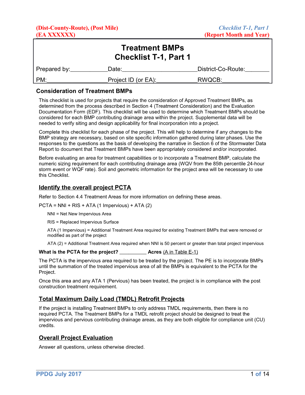 Dist-County-Route), (Post Mile)Checklist T-1, Part 1 (EA XXXXXX)(Report Month and Year