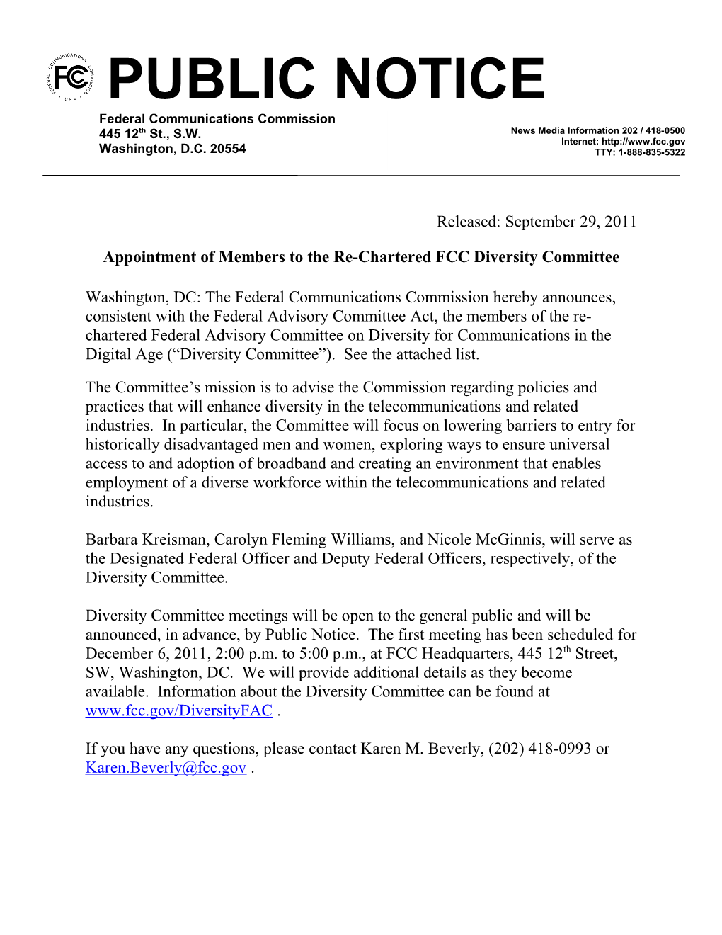 Appointment of Members to the Re-Chartered FCC Diversity Committee