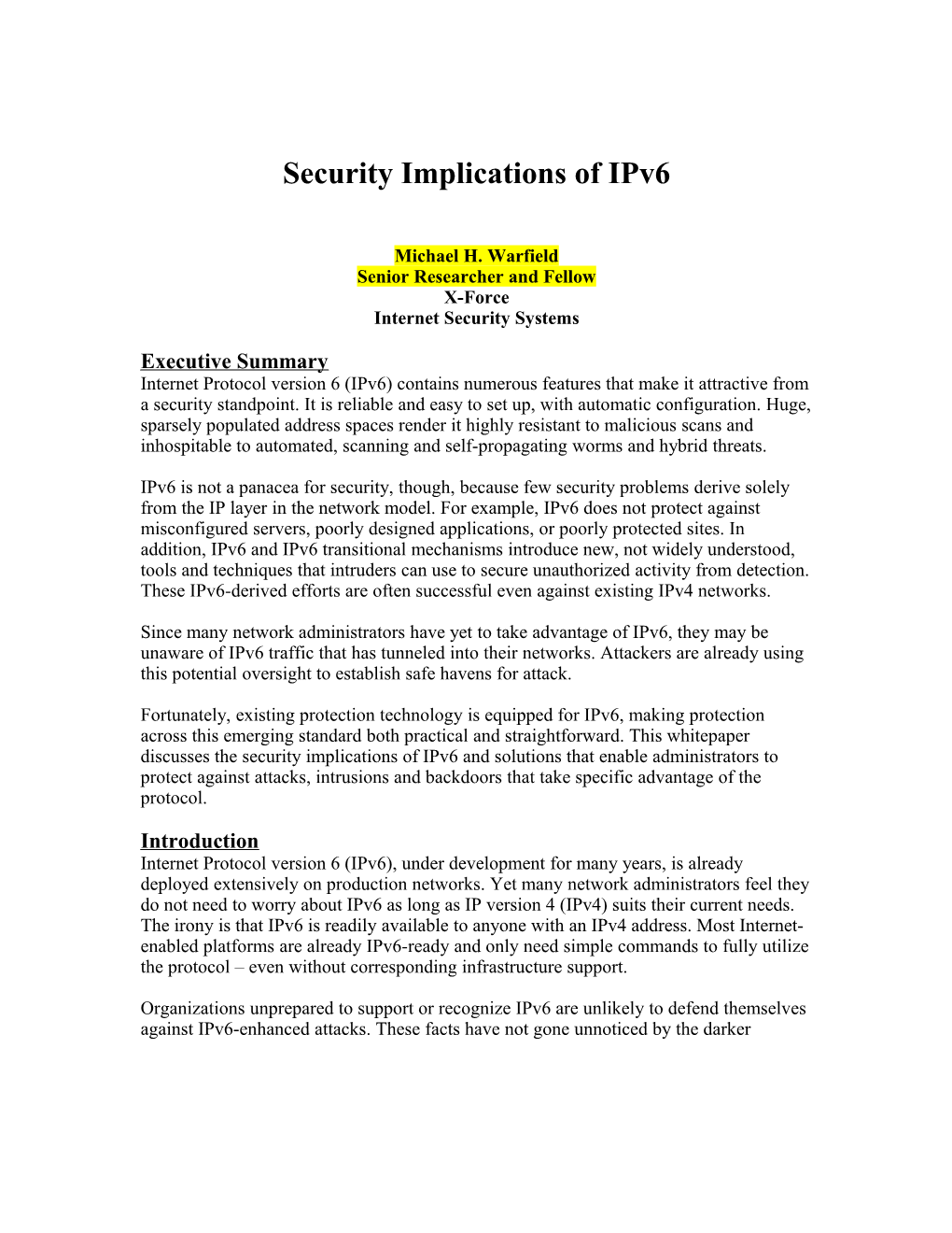 Security Implications of Ipv6