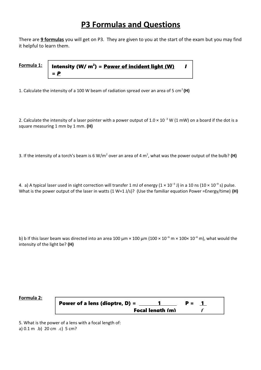 P1 Formulas and Questions