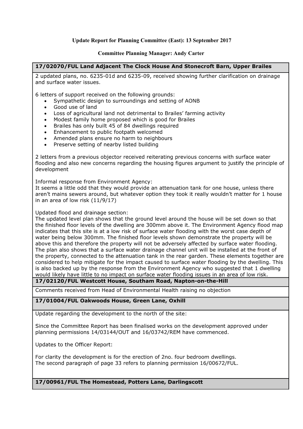 Update Report for Planning Committee (East): 13September 2017