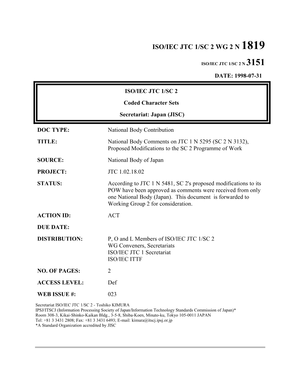 &lt;DIV ALIGN=Right&gt; ISO/IEC JTC 1/SC 2 WG 2 N 1819