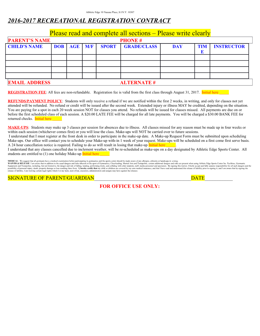 2016-2017 Recreational Registration Contract