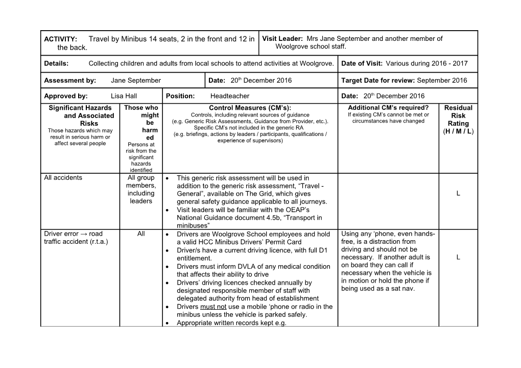 Offsite Visits Risk Assessment - Travel by Minibus