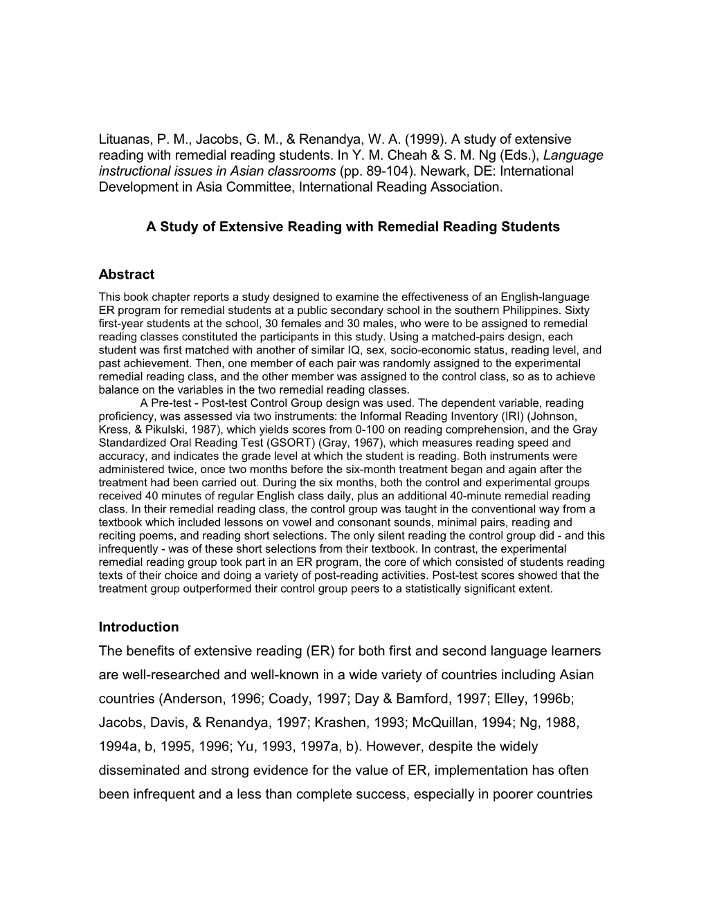 A Study of Extensive Reading with Remedial Reading Students