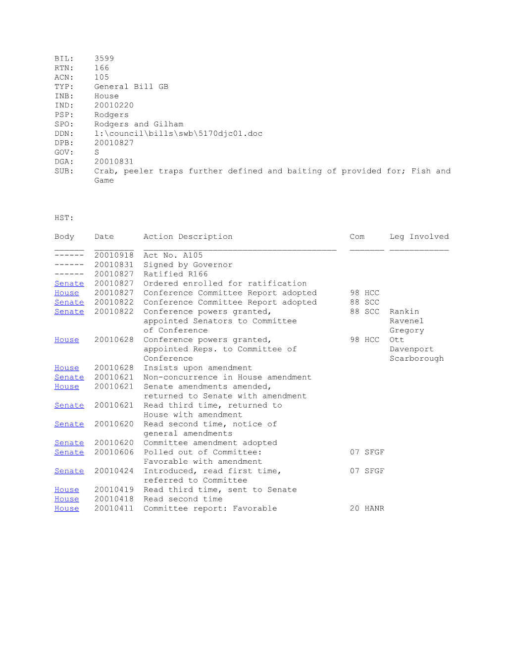 2001-2002 Bill 3599: Crab, Peeler Traps Further Defined and Baiting of Provided For; Fish