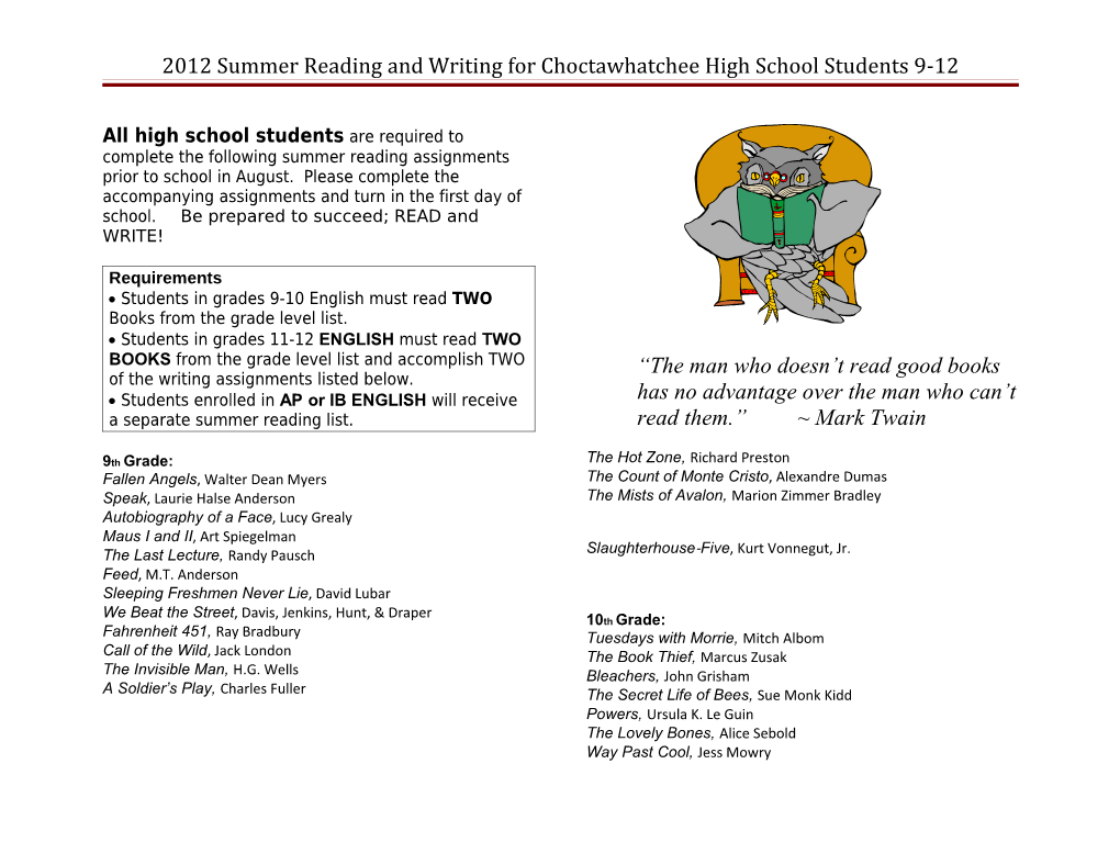 Summer Reading for Choctawhatchee High School Students 9-12