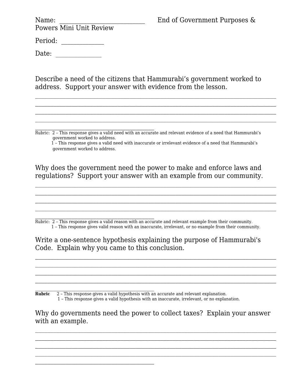 Name: ______End of Government Purposes & Powers Mini Unit Review