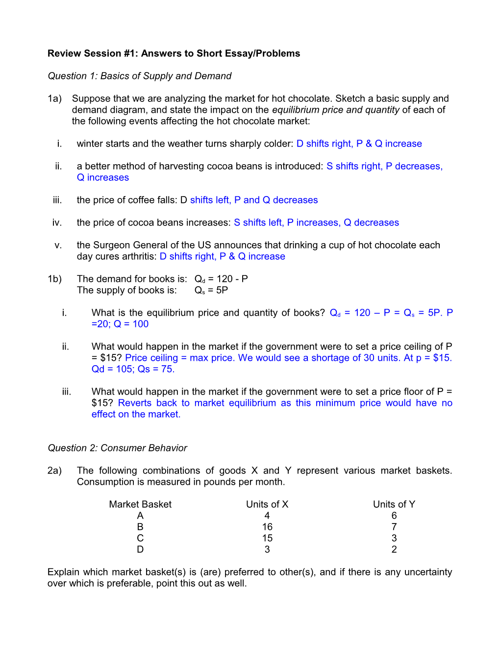 Review Session #1: Answers to Short Essay/Problems