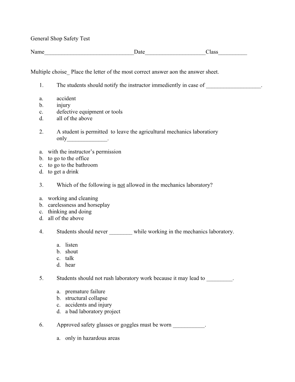 General Shop Safety Test