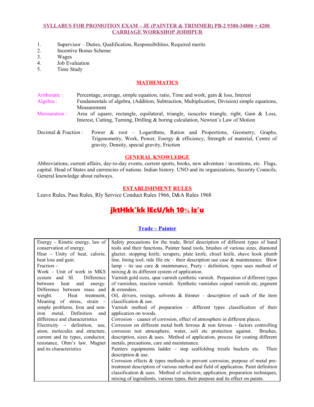 Syllabus for Promotion Exam Je (Painter & Trimmer) Pb-2 9300-34800 + 4200