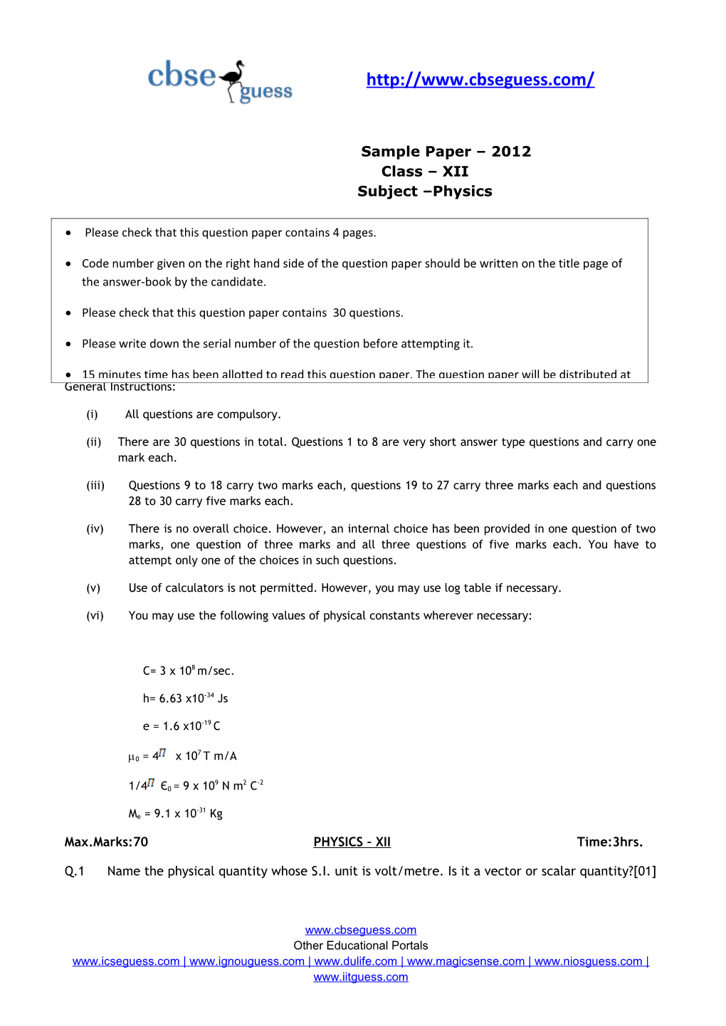 Sample Paper 2012 Class XII Subject Physics
