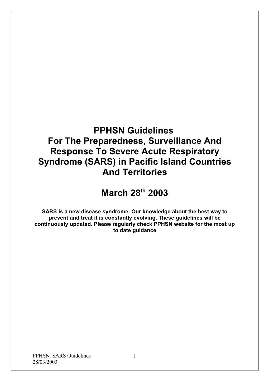 PPHSN Guidelines SARS 28Th March 03