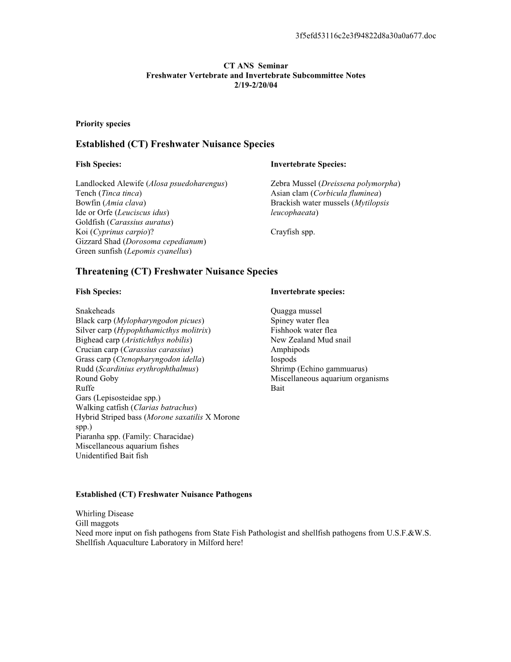 Freshwater Vertebrate and Invertebrate Subcommittee Notes