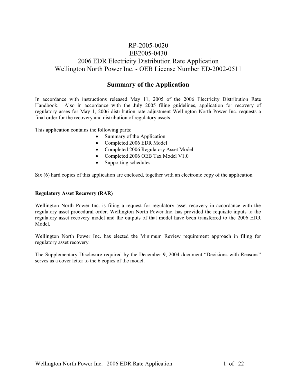 2006 EDR Electricity Distribution Rate Application