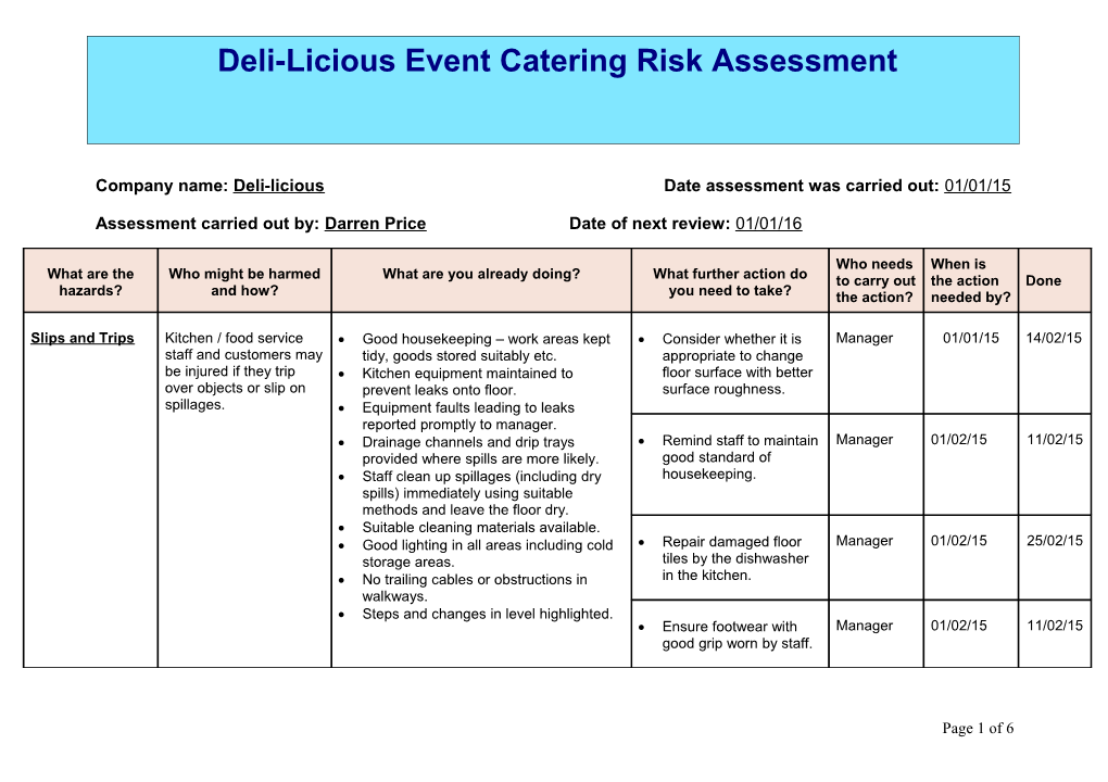 Company Name: Deli-Licious Date Assessment Was Carried Out: 01/01/15