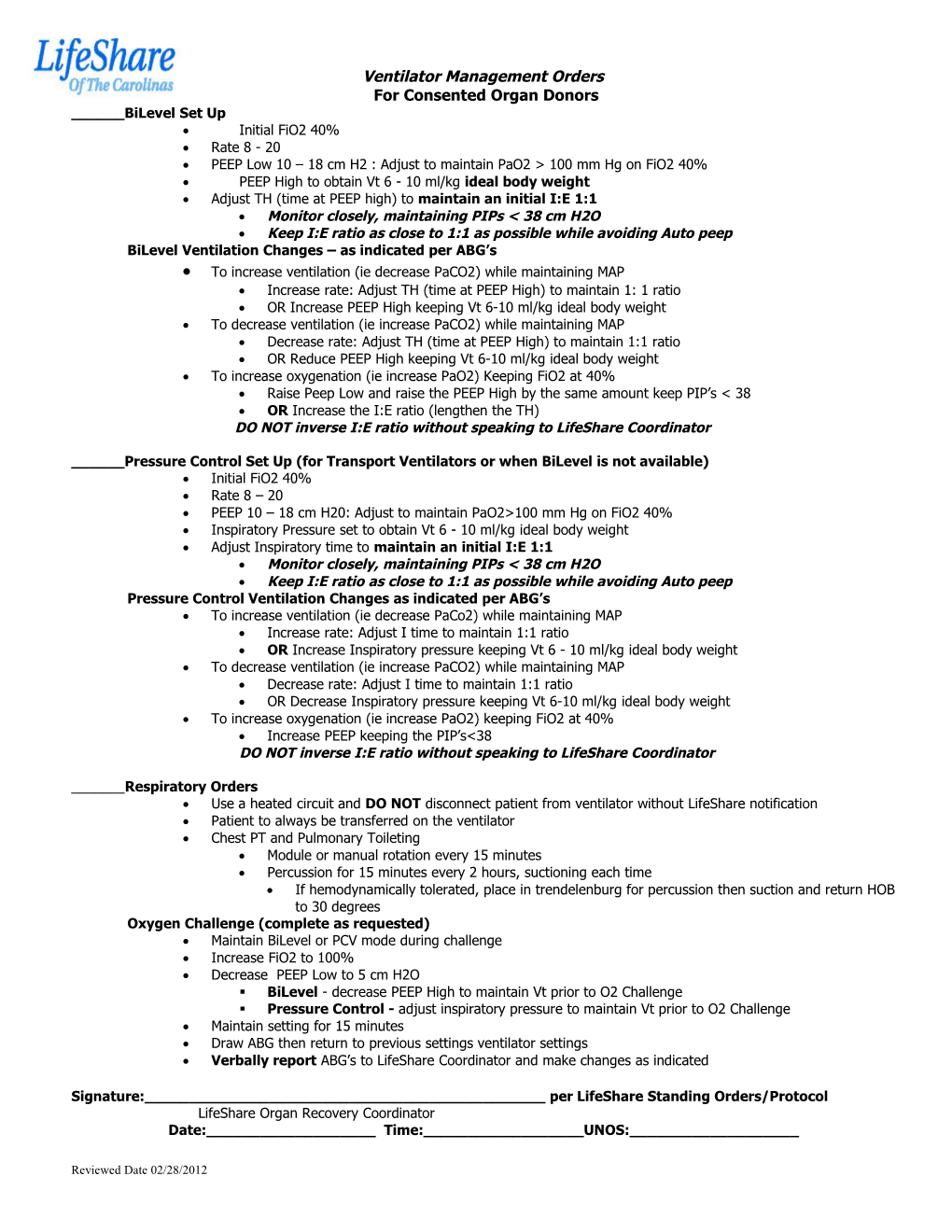 Organ Donor Ventilator Management