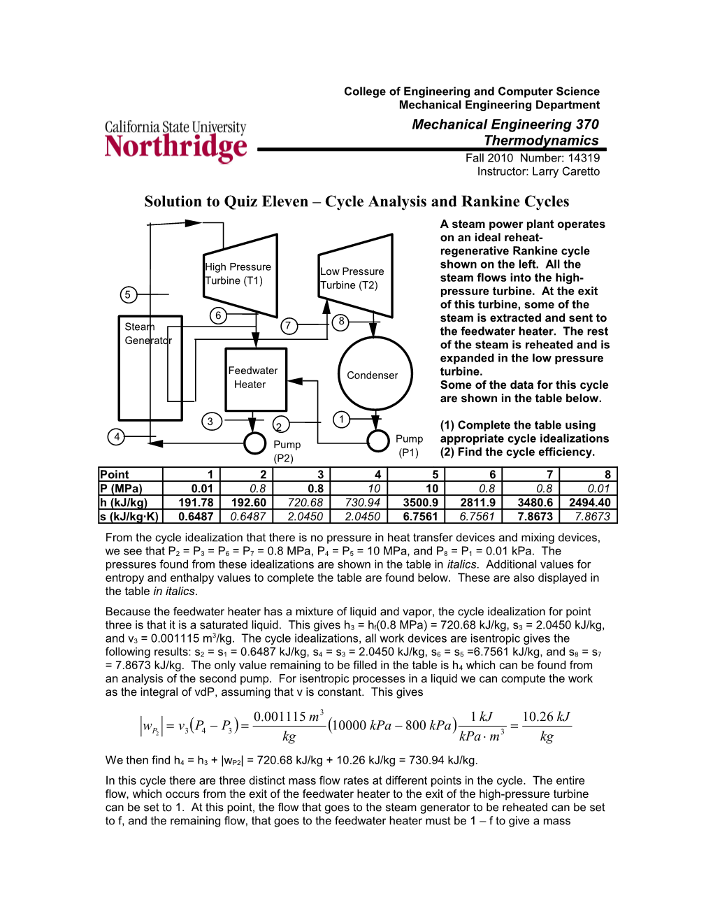 Solution to Quiz Eleven Cycle Analysis and Rankine Cycles