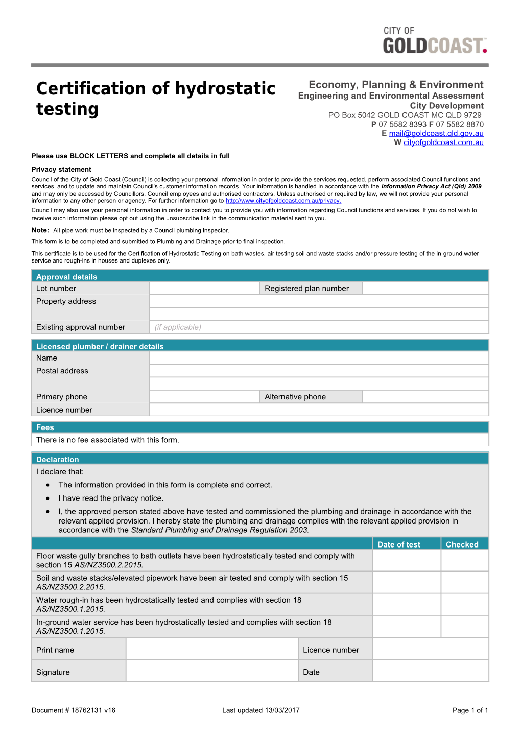 Certificate of Hydrostatic Testing