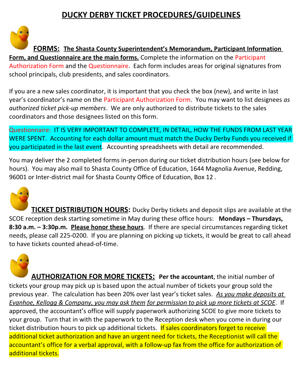 Ducky Derby Ticketprocedures/Guidelines