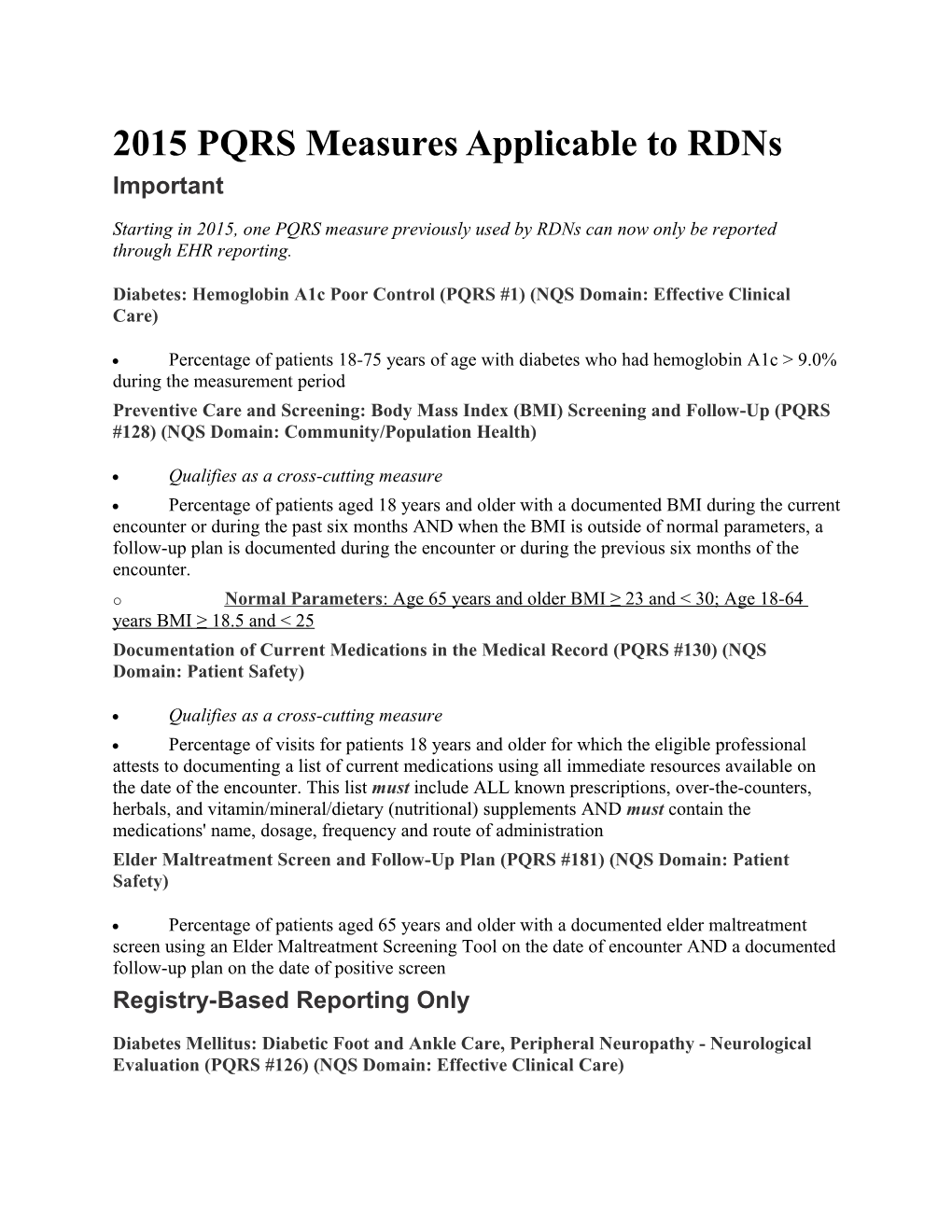 2015 PQRS Measures Applicable to Rdns