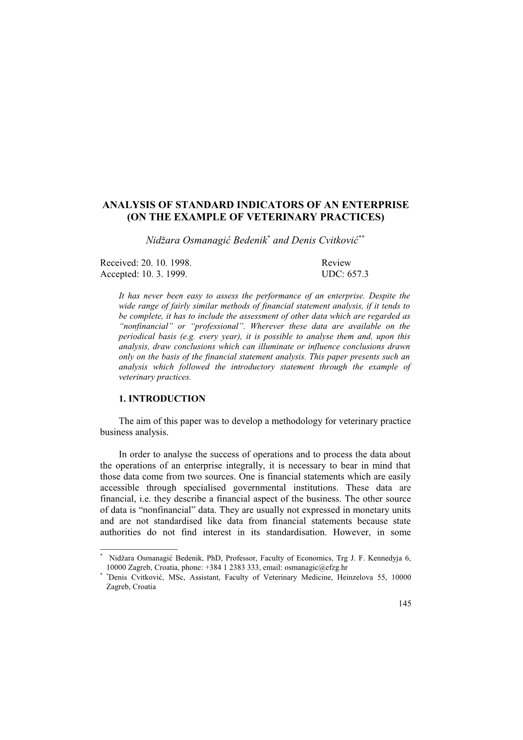 Analysis of Standard Indicators of an Enterprise