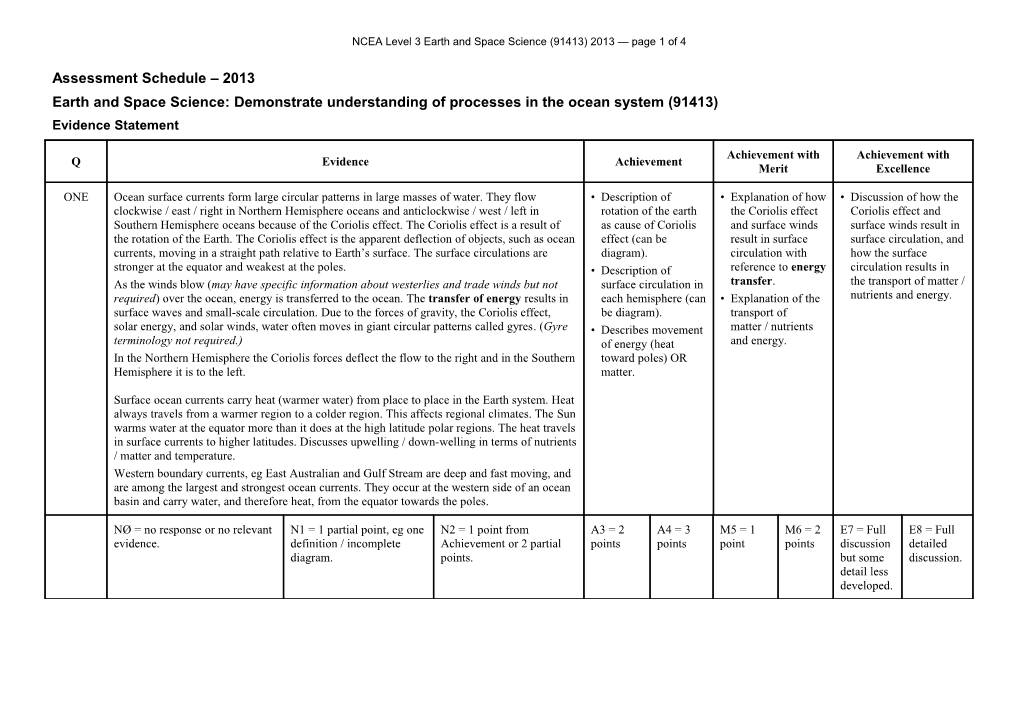 NCEA Level 3 Earth and Space Science (91413) 2013 Assessment Schedule