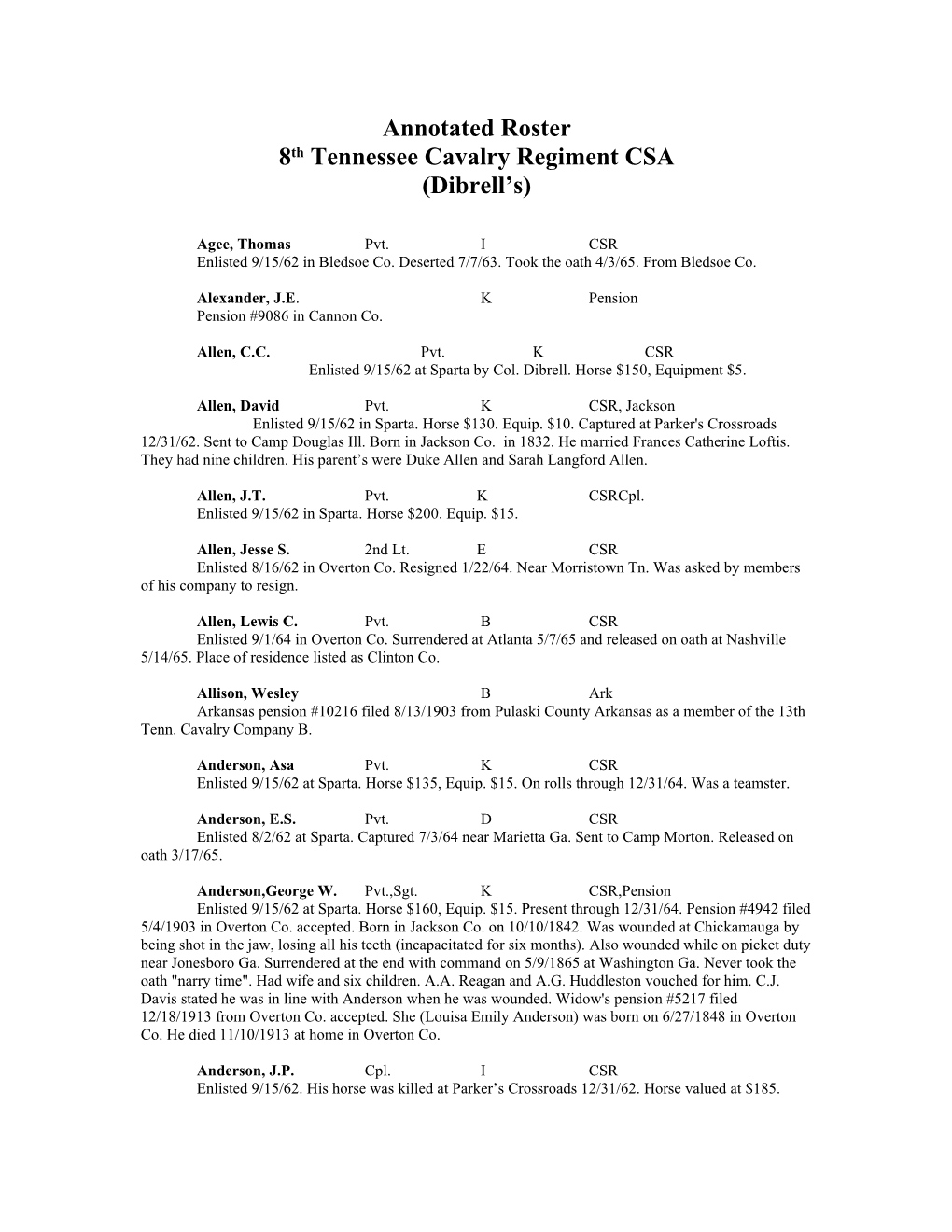 8Th Tennessee Cavalry Regiment CSA