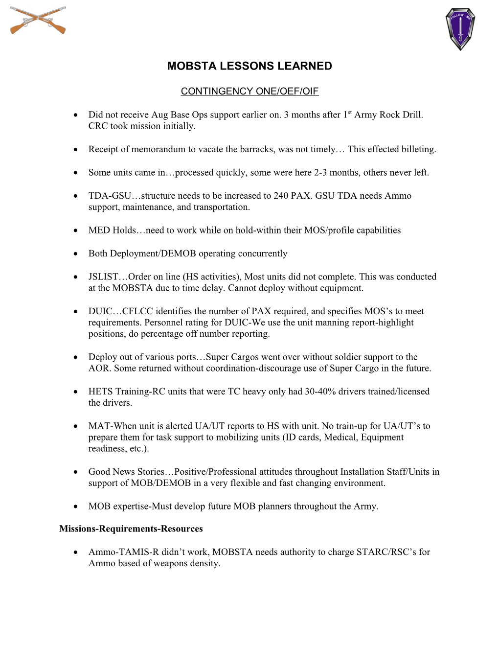 Mobilization Station Advon and Reporting Information